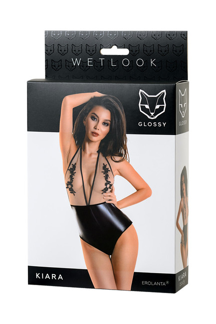 Чувственное боди Glossy Kiara из материала Wetlook с цветочной вышивкой S