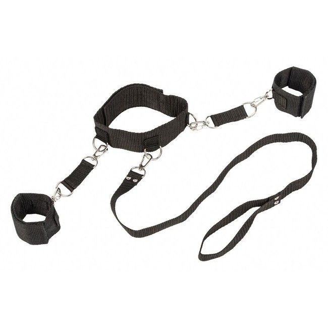 Ошейник с отстегивающимися поводком и фиксаторами для рук Collar and Wristbands (черный с серебряным)